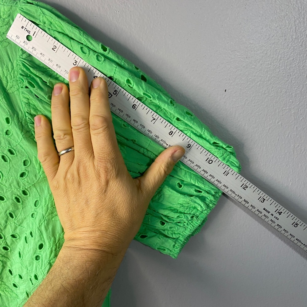PINCH Green Eyelet Puff Sleeve Ruffle Neck Blouse Medium - Picture 10 of 12